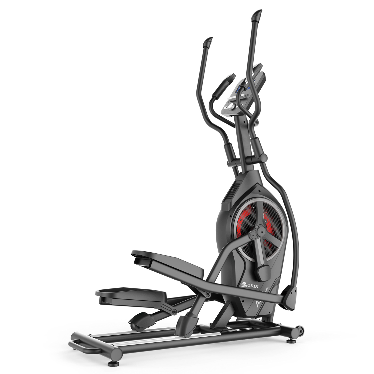 Crosstrainer med lange håndtag og digitalt display set fra siden